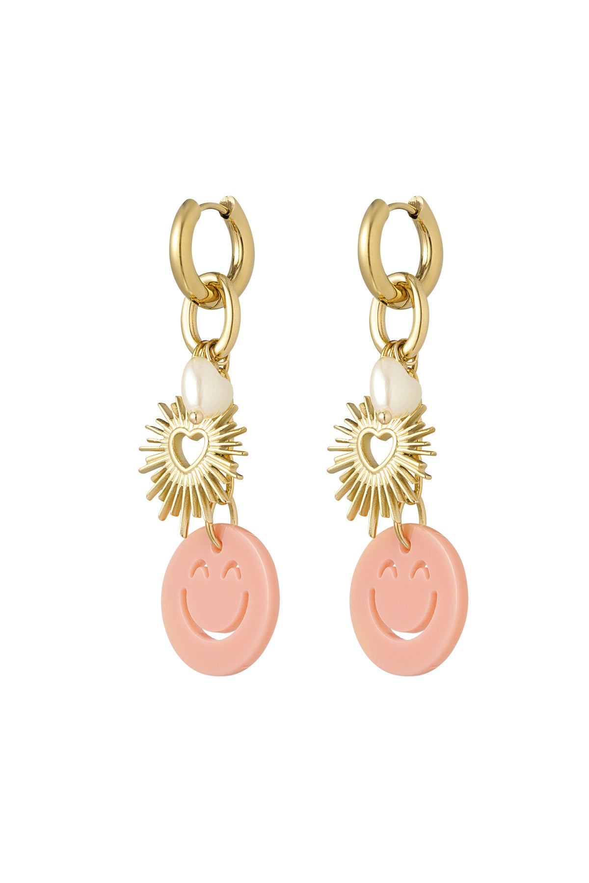 Pair of gold-tone drop earrings with peach smiley face acrylic charms, sunburst heart pendants, and white pearl heart details