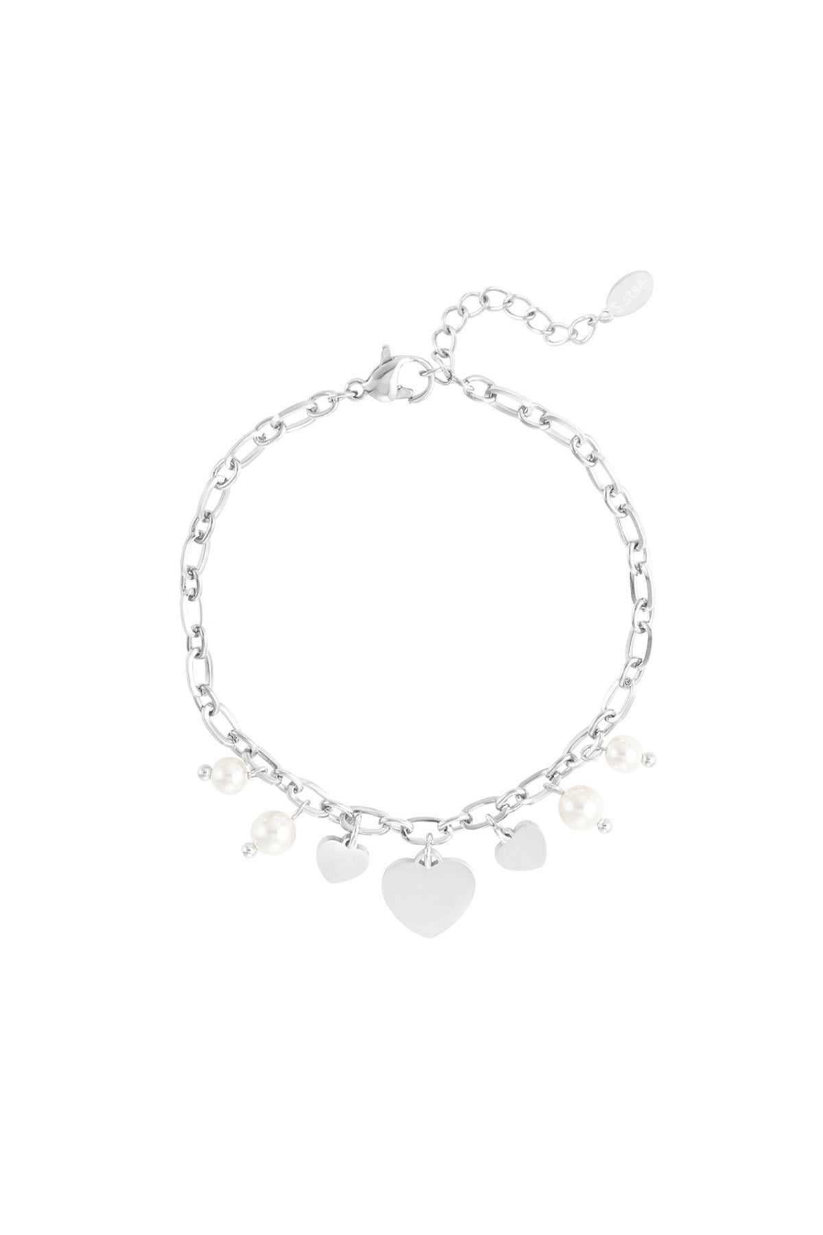 Silver-tone charm bracelet with heart and pearl charms on plain white background.