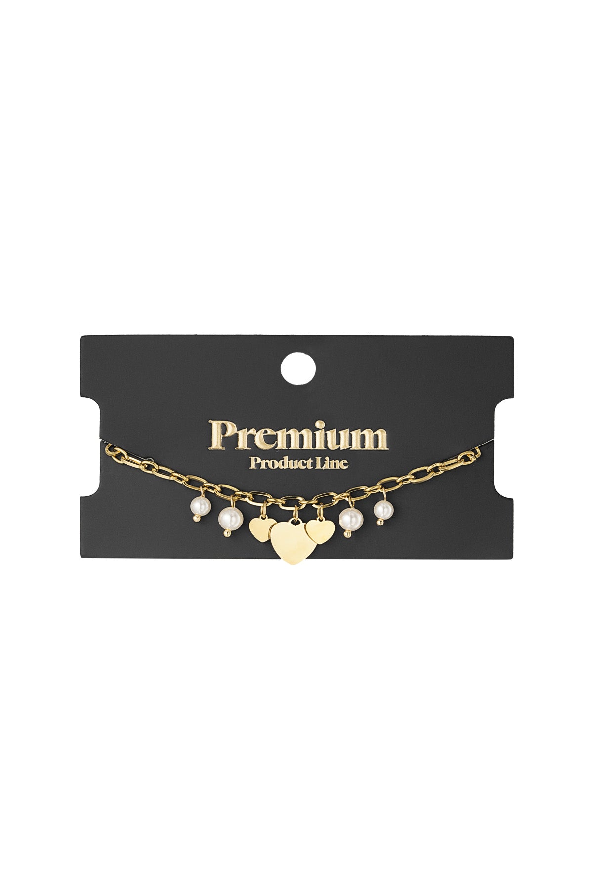 Gold finish charm bracelet displayed on black Premium Product Line card, showcasing heart charms and pearl accents.