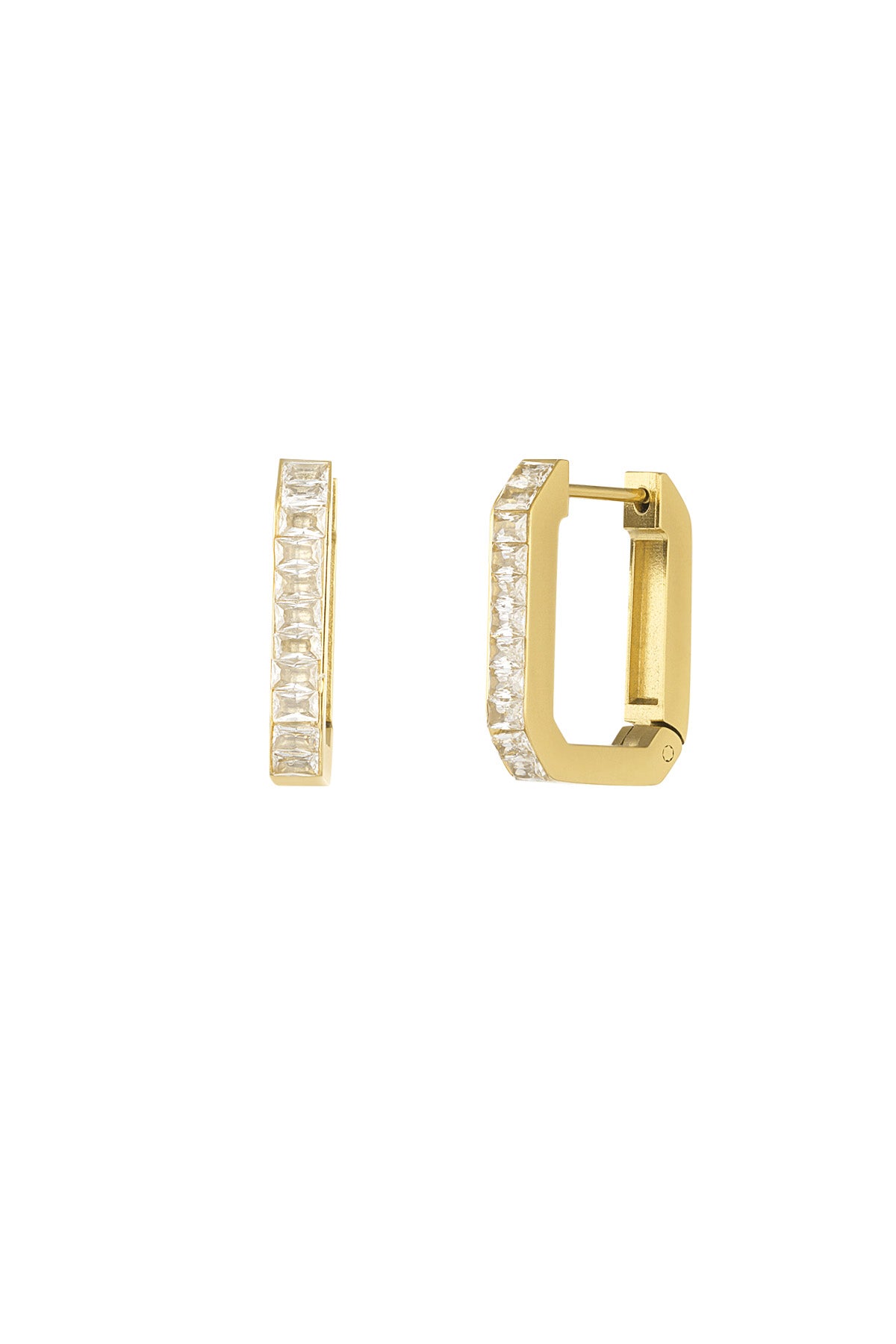 Gold rectangular hoop earrings encrusted with clear crystals shown from side and front