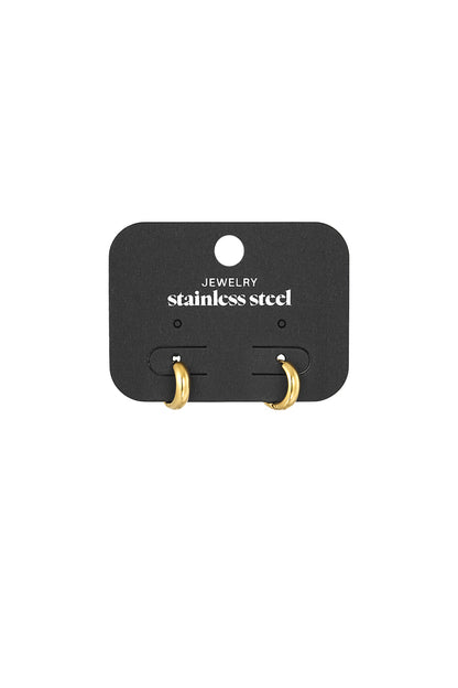 Gold mini hoop earrings attached to black display card labeled 'stainless steel jewelry'