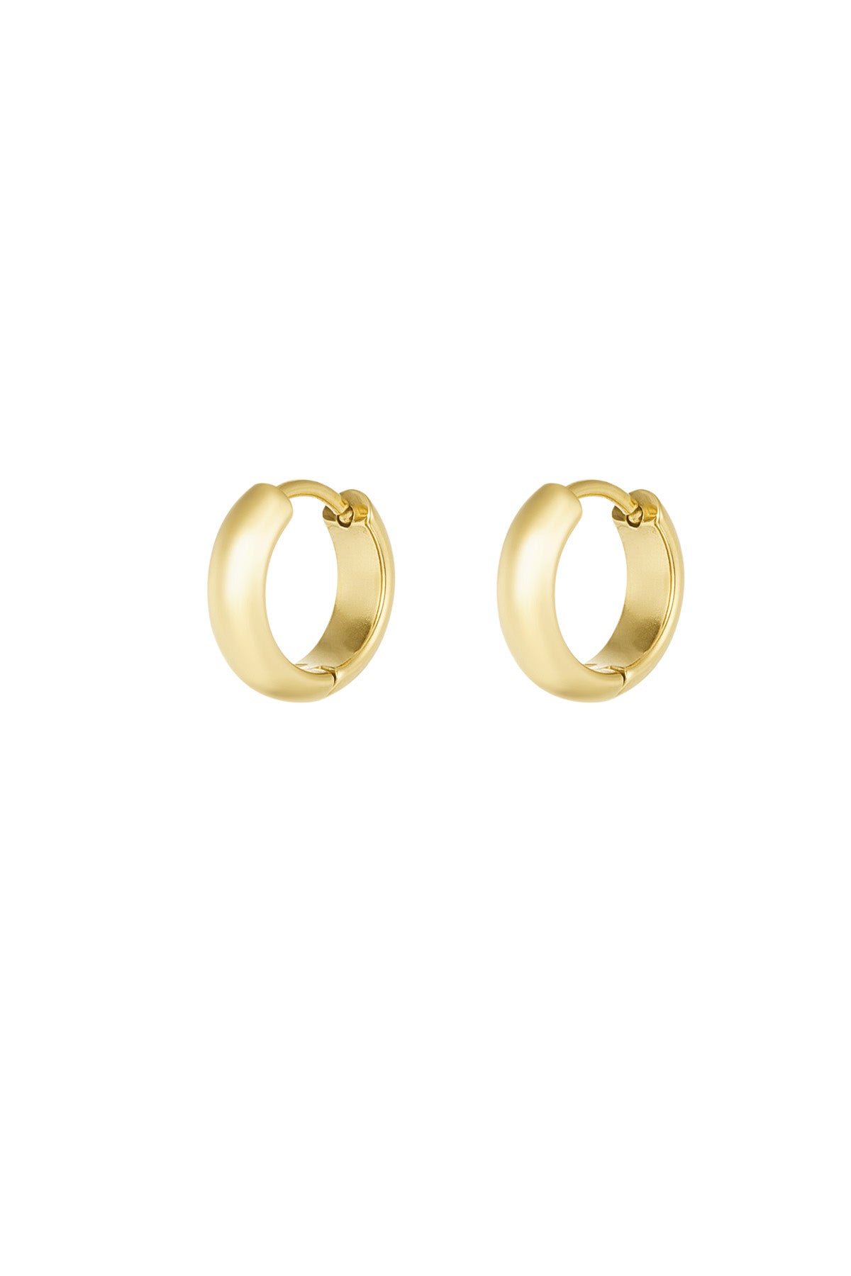 Pair of polished gold mini hoop earrings on white background