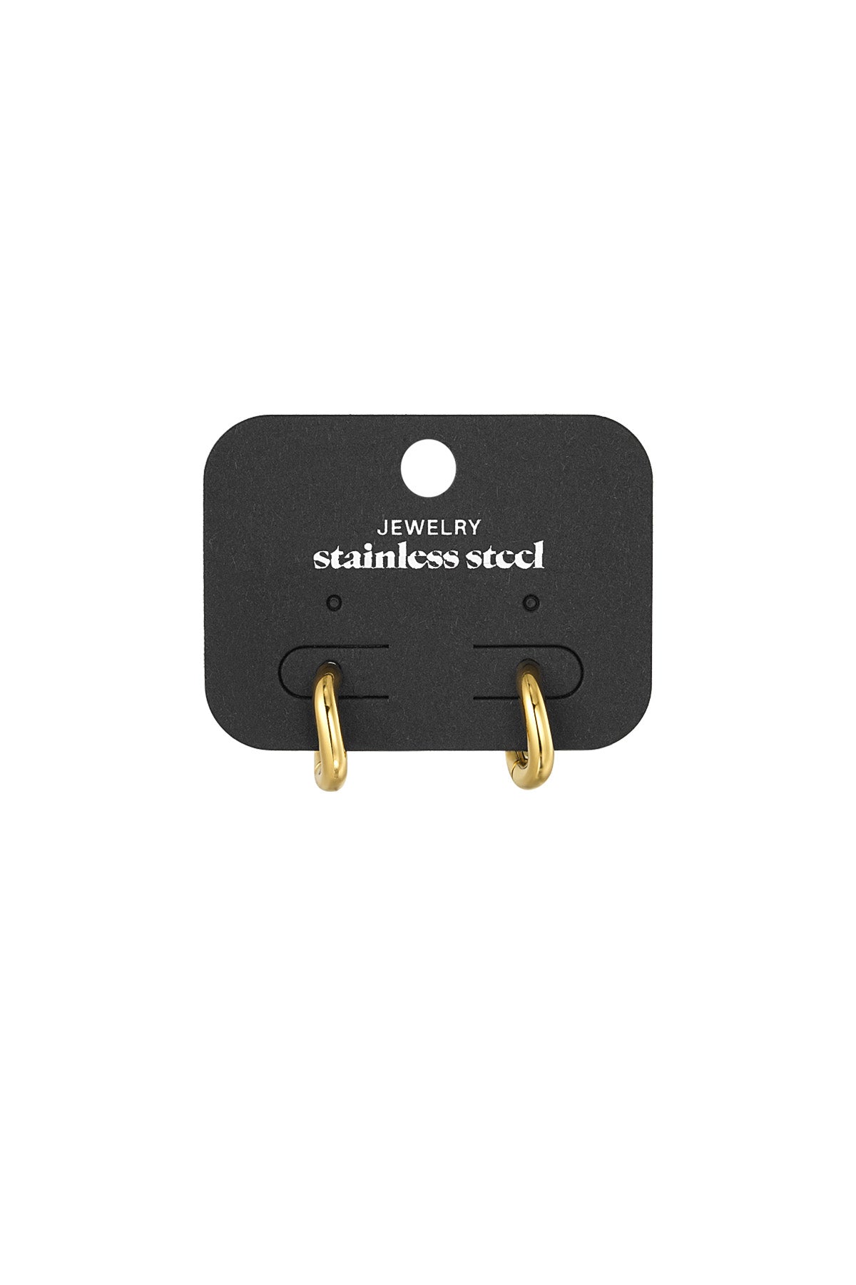 Gold hoop earrings displayed on black holder with 'Jewelry stainless steel' text