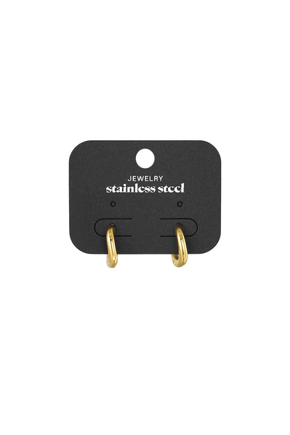Gold hoop earrings displayed on black holder with 'Jewelry stainless steel' text