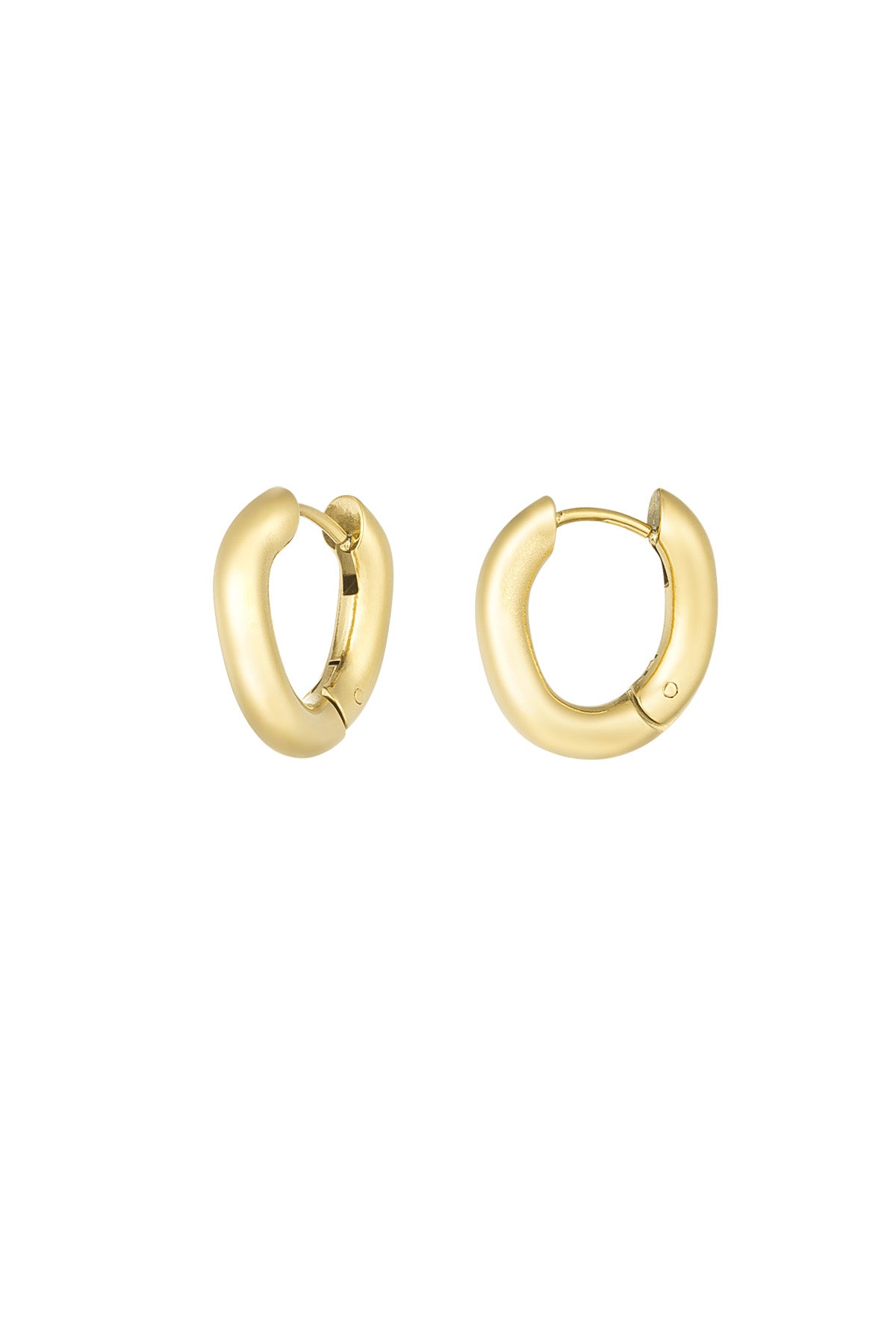 Pair of sleek, softly curved gold hoop earrings on white background