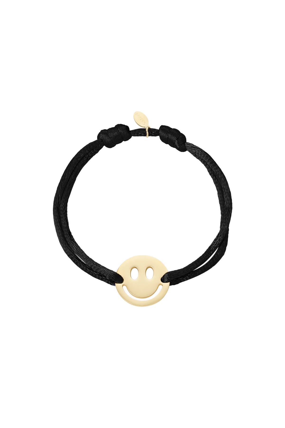 Pink satin cord bracelet with gold-tone smiley face charm on white background
