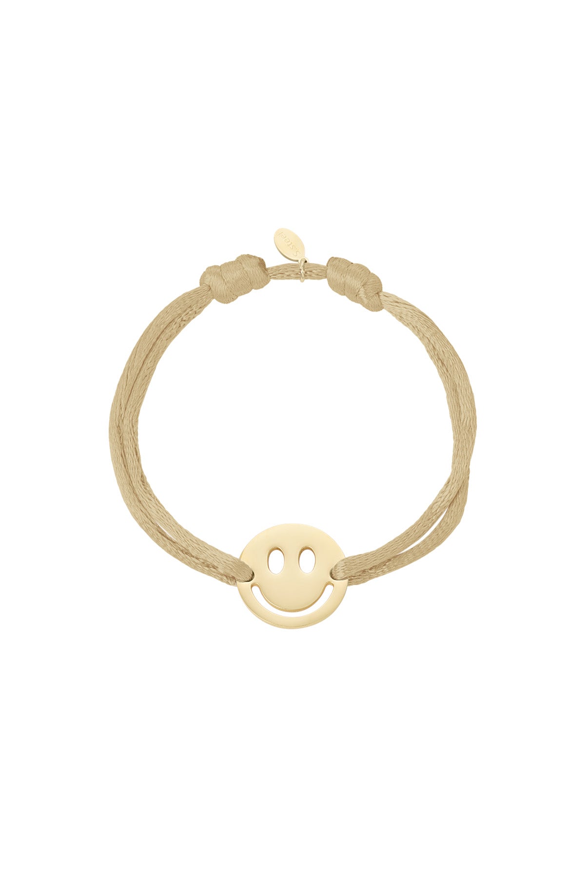 Gold smiley face charm on a beige cord bracelet, featuring an adjustable knot design.