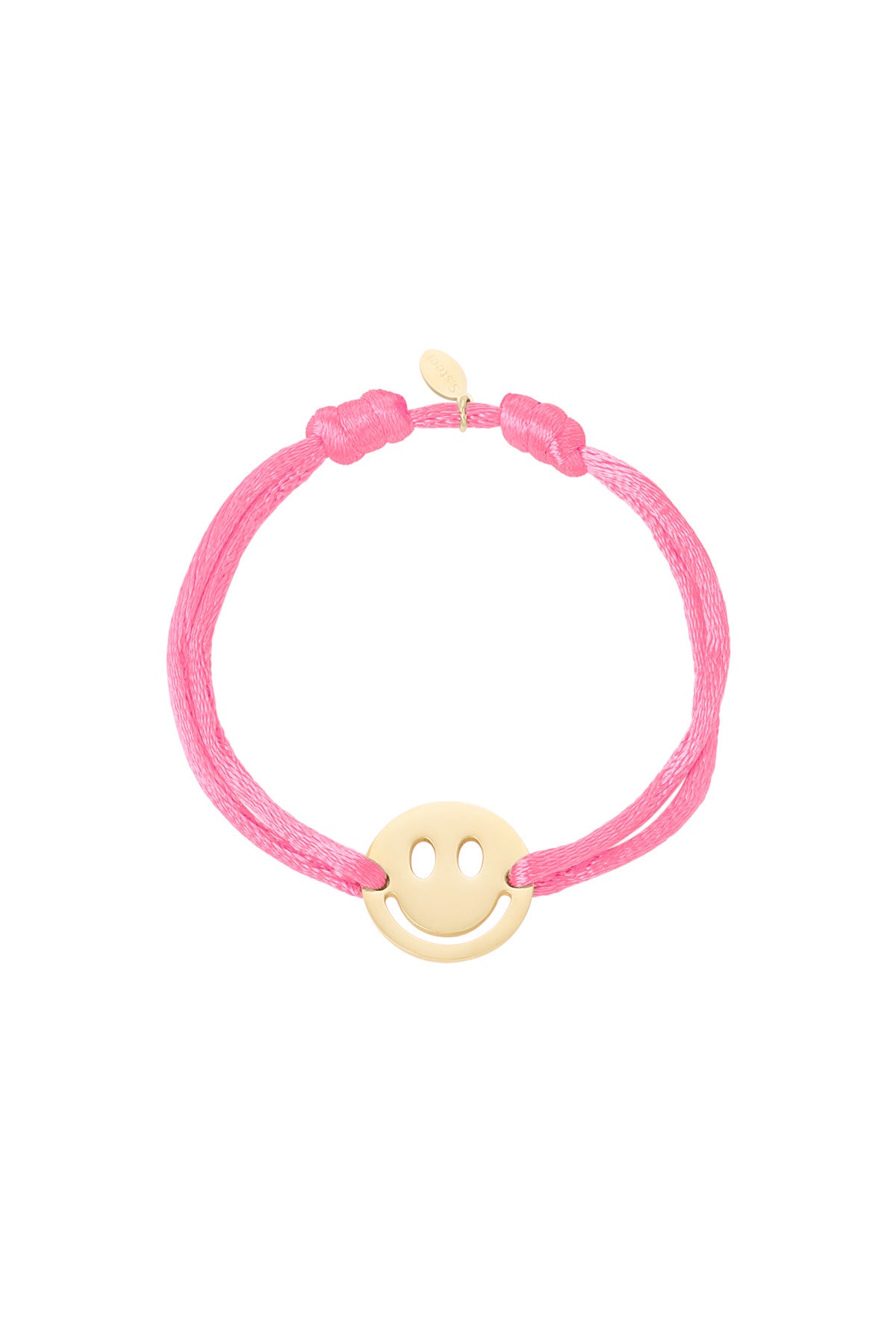 Grey satin cord bracelet with gold-tone smiley face charm on white background