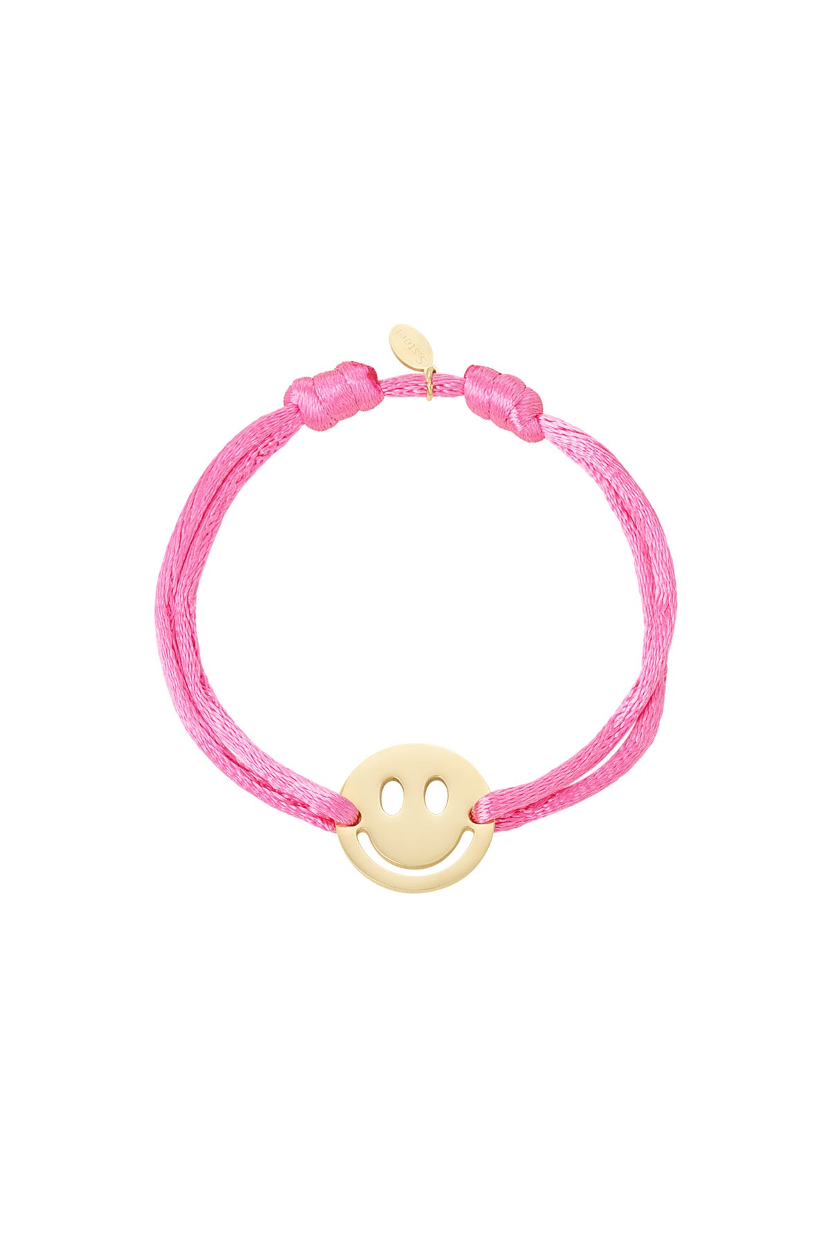 Purple satin cord bracelet with gold-tone smiley face charm on white background