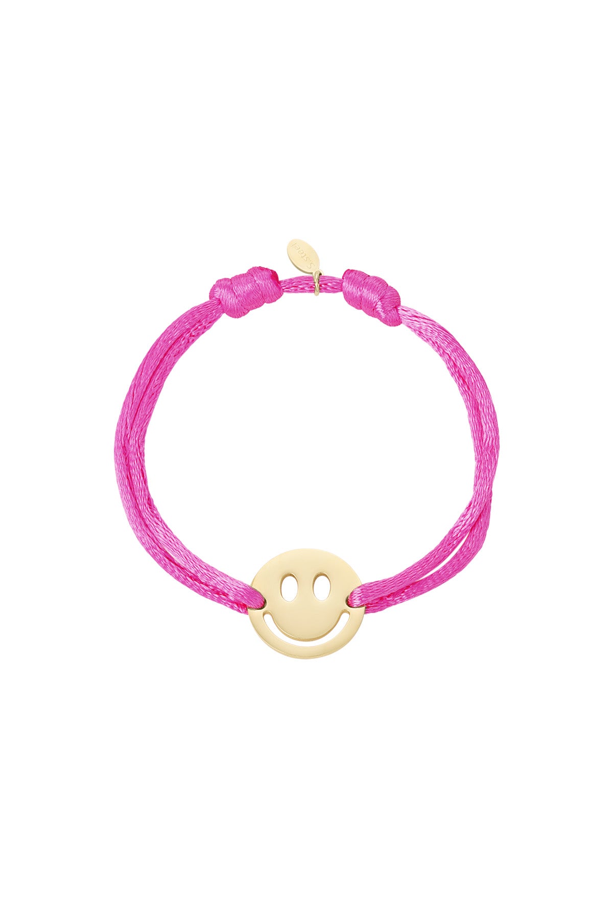 Pink satin cord bracelet with gold-tone smiley face charm against white background