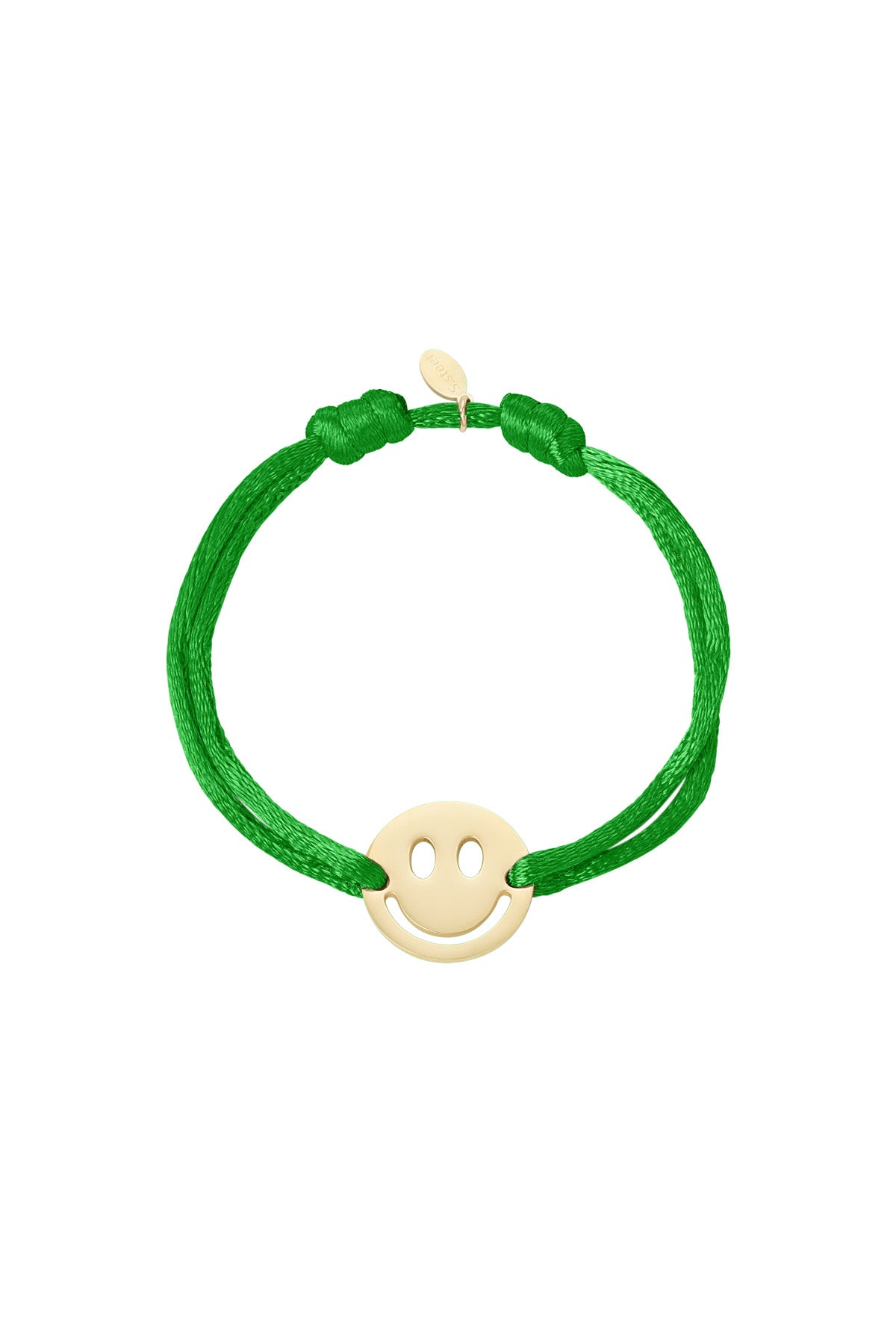 Black satin cord bracelet with gold-tone smiley face charm on white background