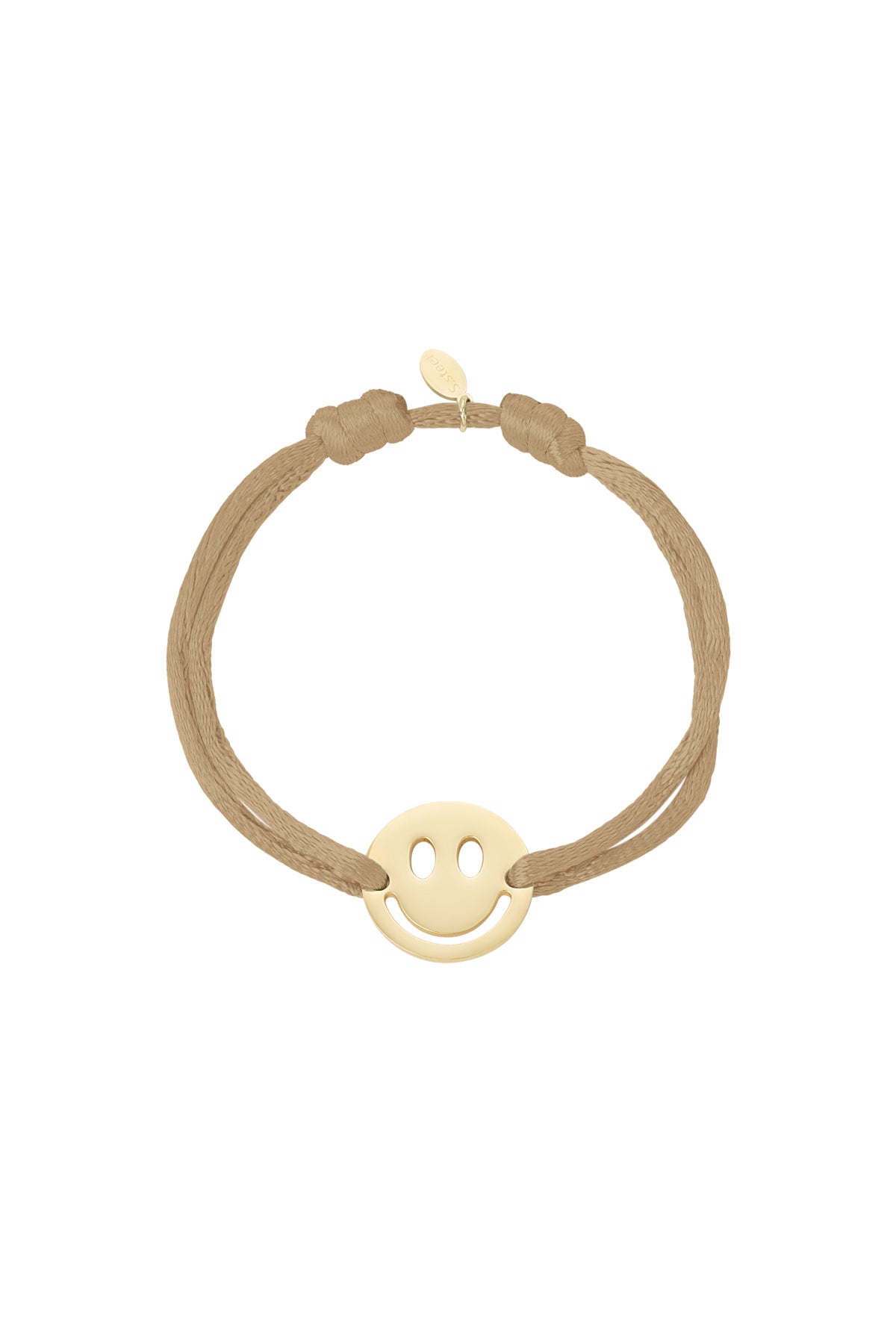Gold smiley face charm bracelet on a beige double-cord strap with knot detailing and a small logo tag.