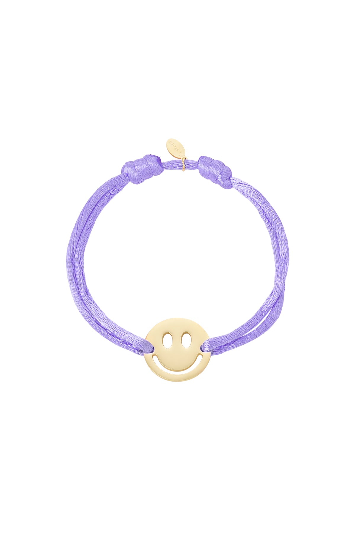 Green satin cord bracelet with gold-tone smiley face charm on white background
