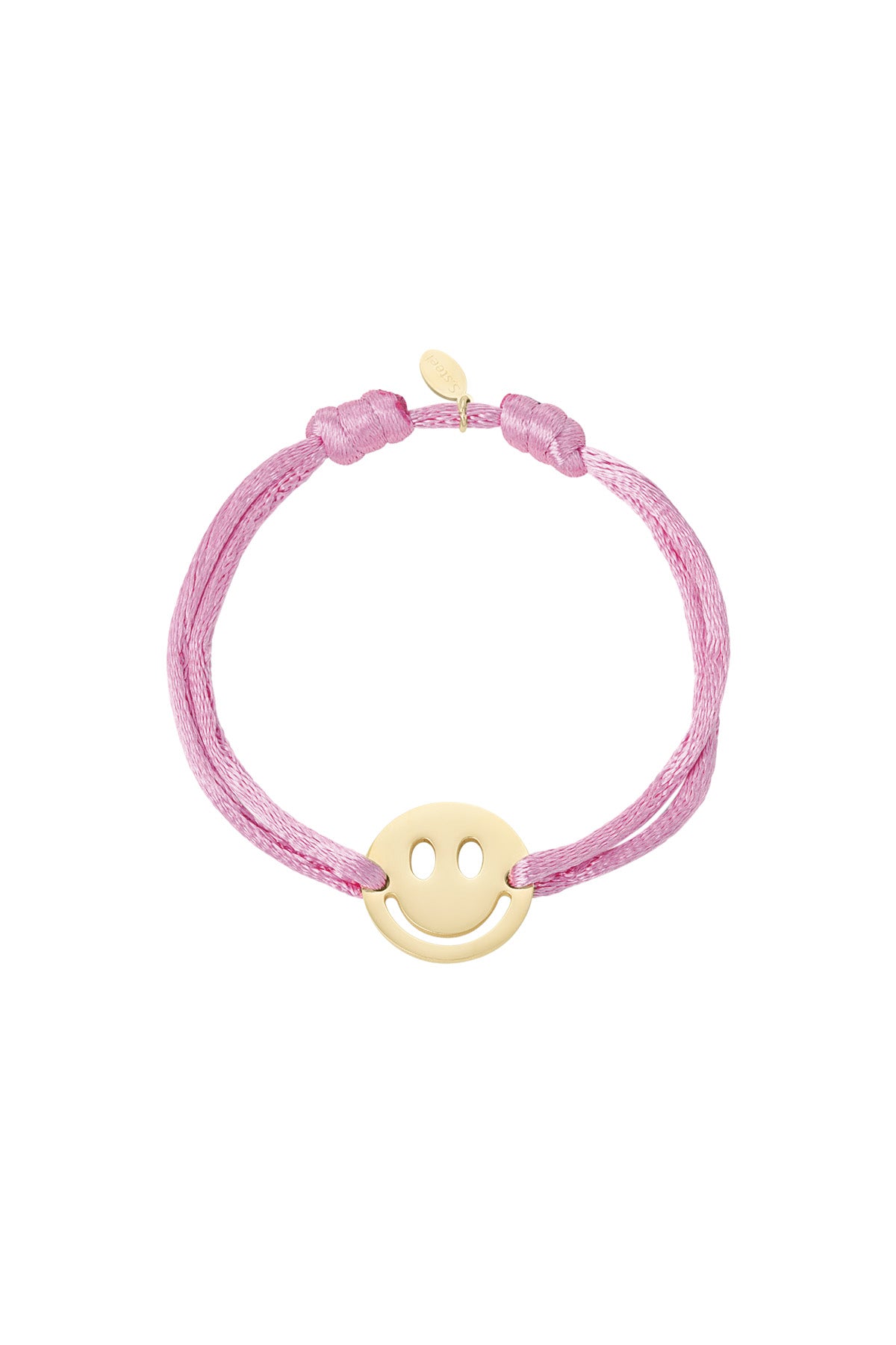 Brown satin cord bracelet with gold-tone smiley face charm on white background