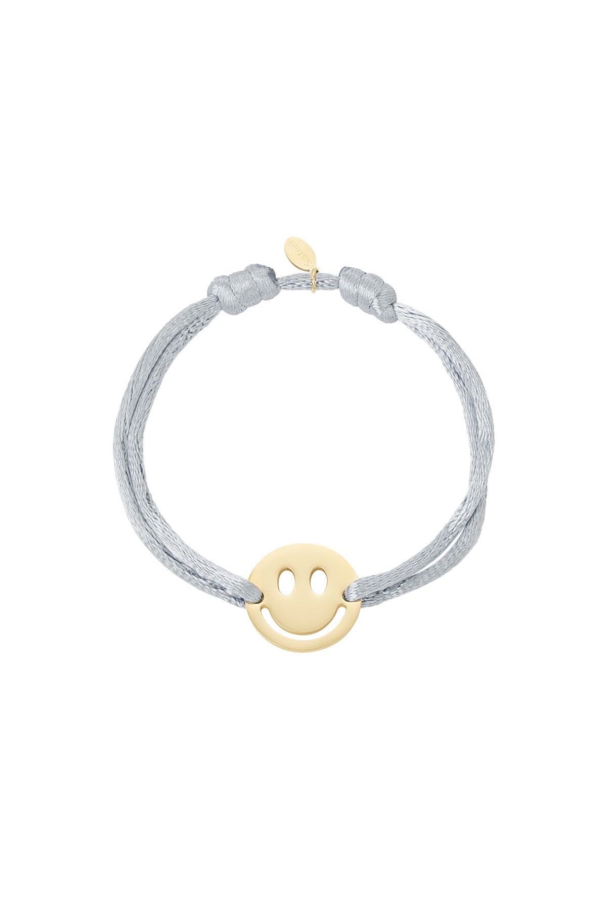 Red satin cord bracelet with gold-tone smiley face charm on white background