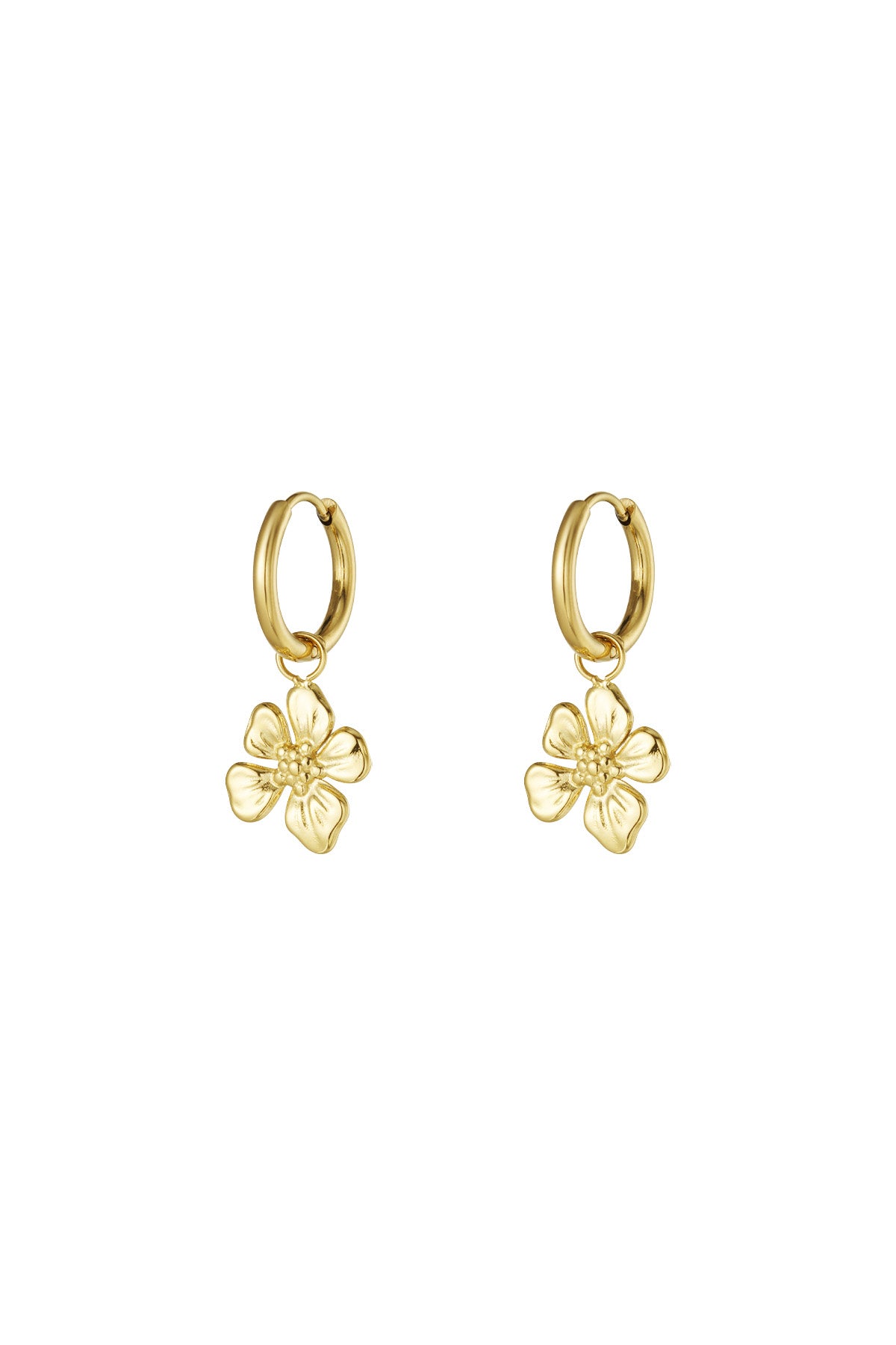 Pair of gold hoop earrings each with a dangling detailed flower charm on a white background