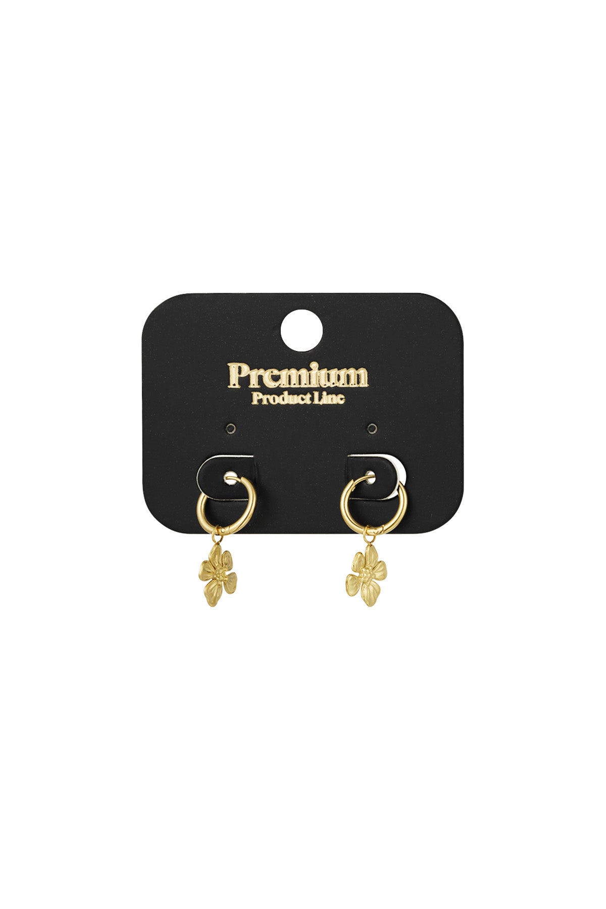 Gold floral charm hoop earrings displayed on a black premium product line card