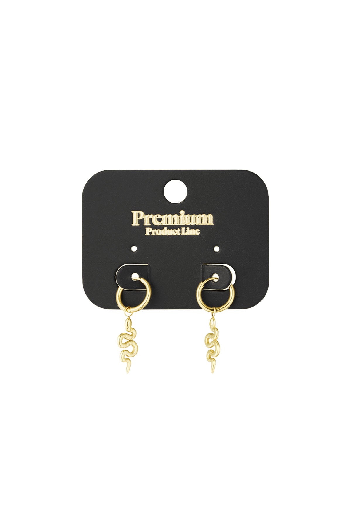 Gold snake charm hoop earrings displayed on a black Premium Product Line earring card