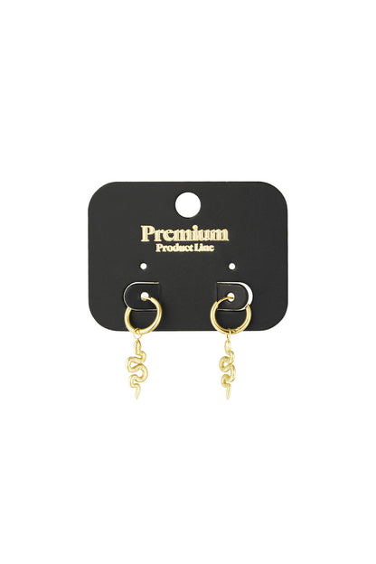 Gold snake charm hoop earrings displayed on a black Premium Product Line earring card