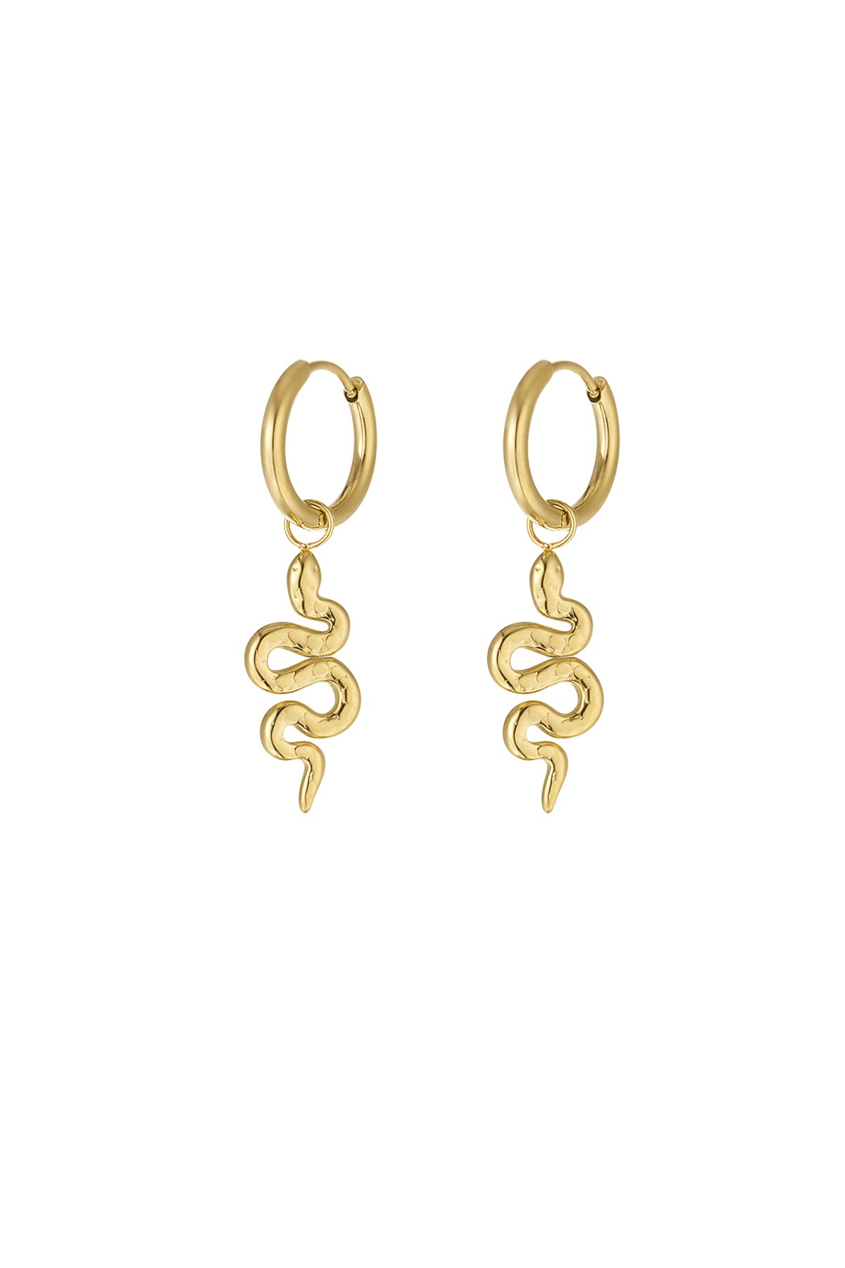 Pair of gold hoop earrings each featuring a dangling twisted snake charm on a white background