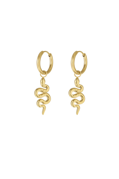 Pair of gold hoop earrings each featuring a dangling twisted snake charm on a white background