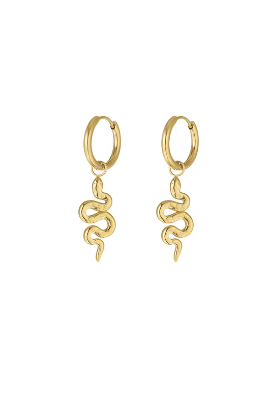 Pair of gold hoop earrings each featuring a dangling twisted snake charm on a white background