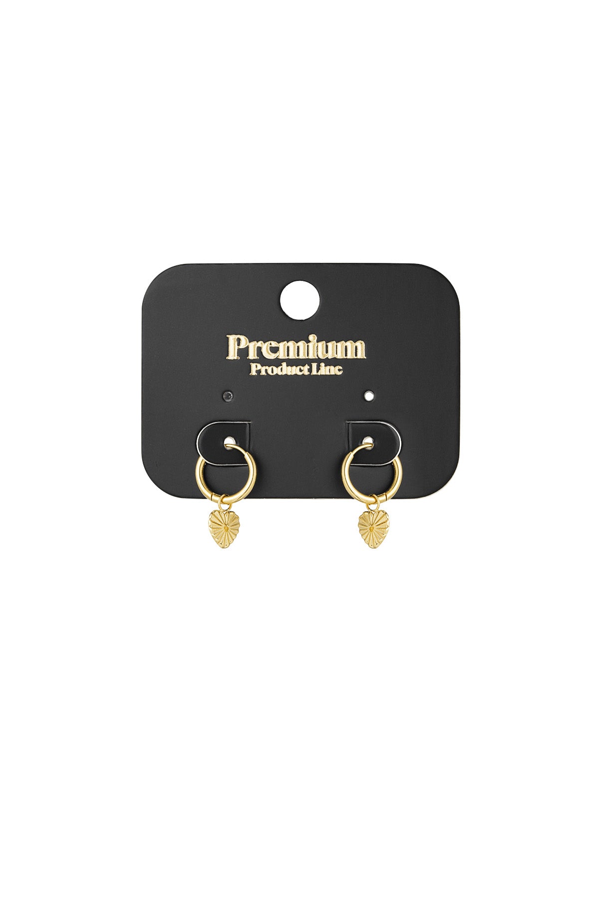 Stick card displaying gold heart hoop earrings from the Premium Product Line