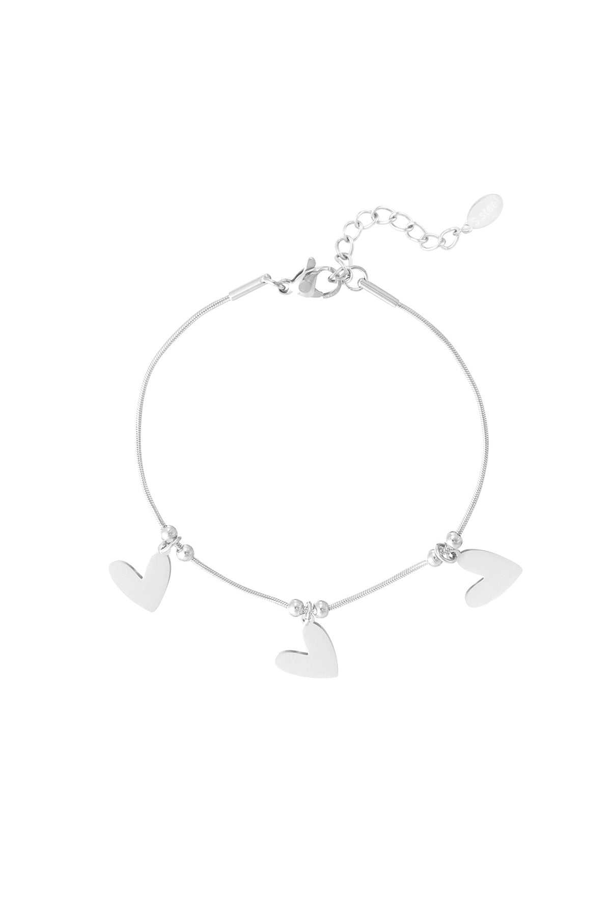 Silver heart charm bracelet with three flat heart pendants and adjustable chain on white background