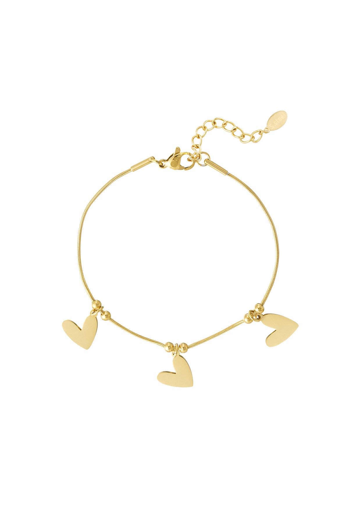 Gold heart charm bracelet with three flat heart pendants and adjustable chain on white background