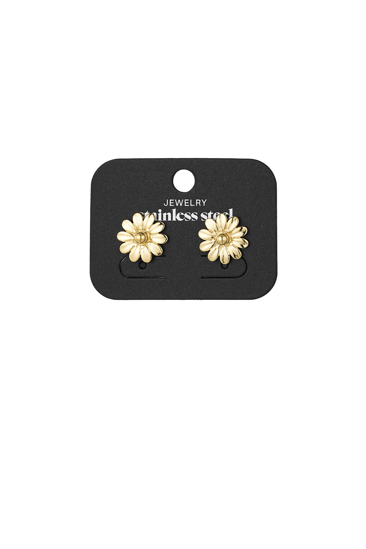 Gold daisy stud earrings displayed on black jewelry card labeled 'stainless steel'