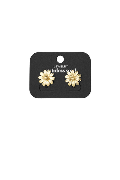 Gold daisy stud earrings displayed on black jewelry card labeled 'stainless steel'