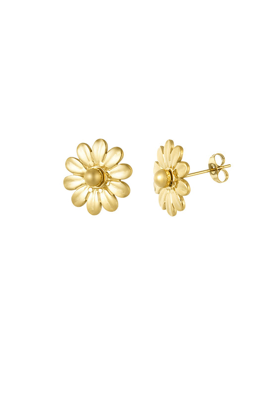 Gold daisy flower stud earrings with smooth rounded petals on white background