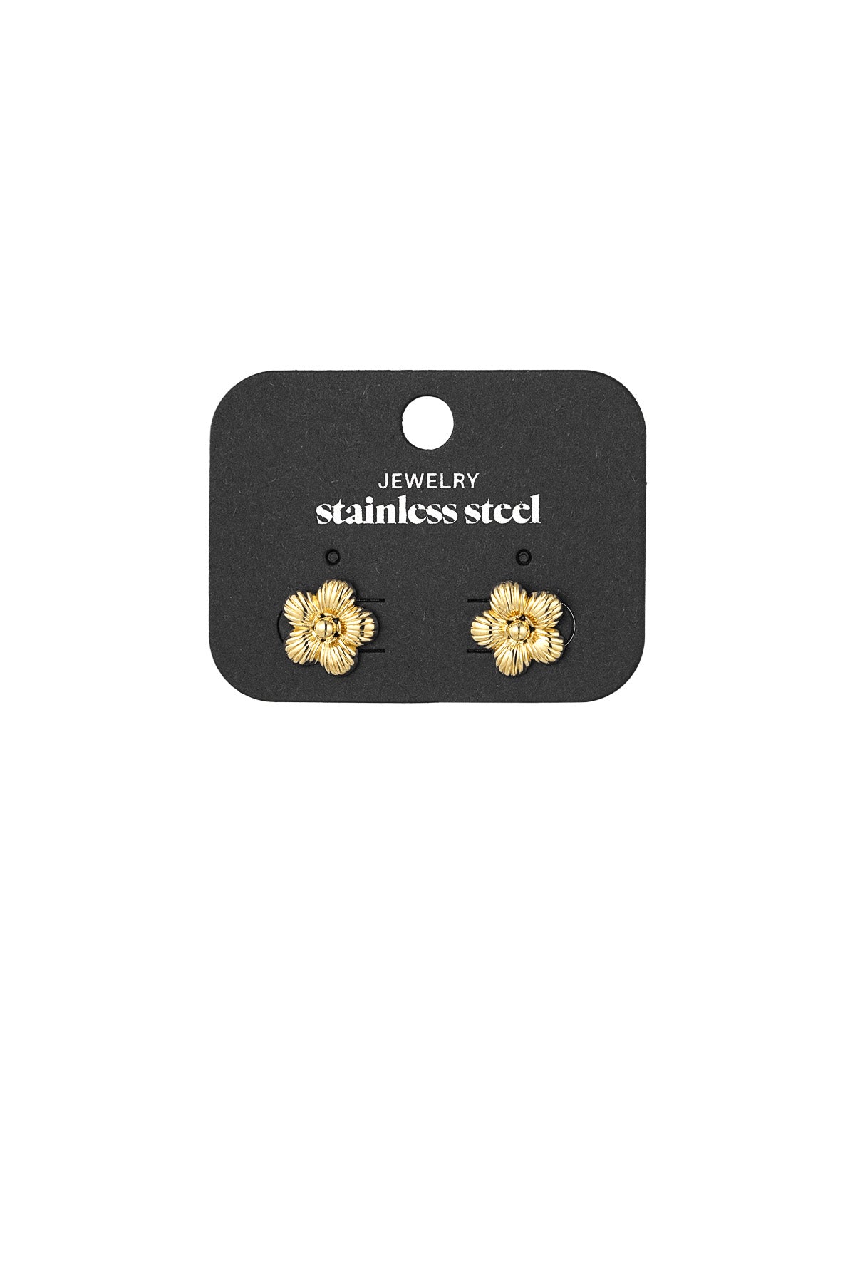 Gold fluted flower stud earrings displayed on black card labeled stainless steel jewelry