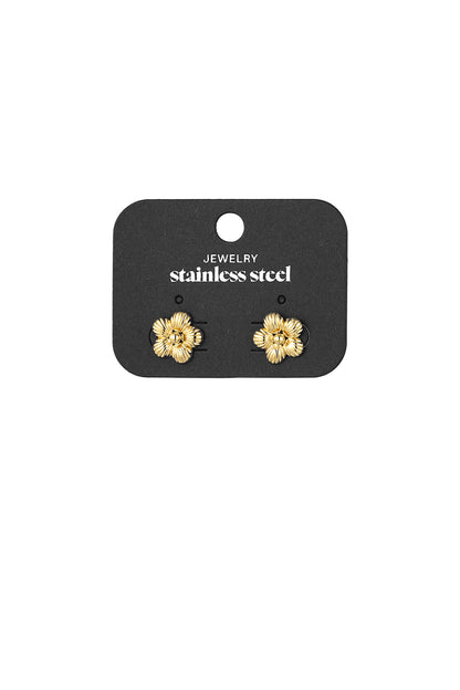 Gold fluted flower stud earrings displayed on black card labeled stainless steel jewelry