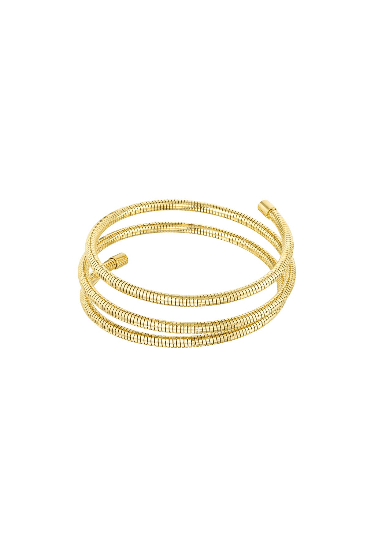 Gold spiral coil cuff bracelet with three flexible loops isolated on white background