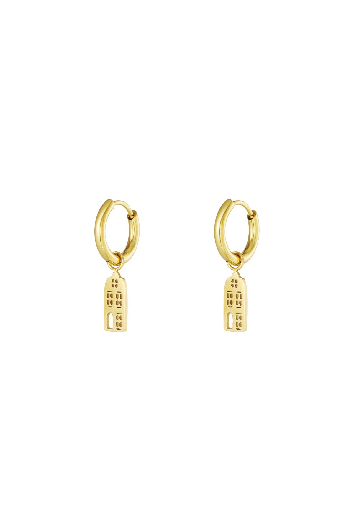 Pair of gold drop hoop earrings with architectural building-shaped charms on a white background