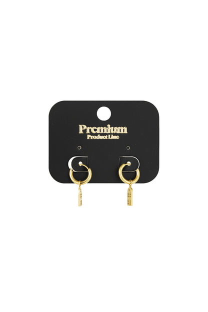 Gold drop hoop earrings with building charms displayed on a black premium product line card