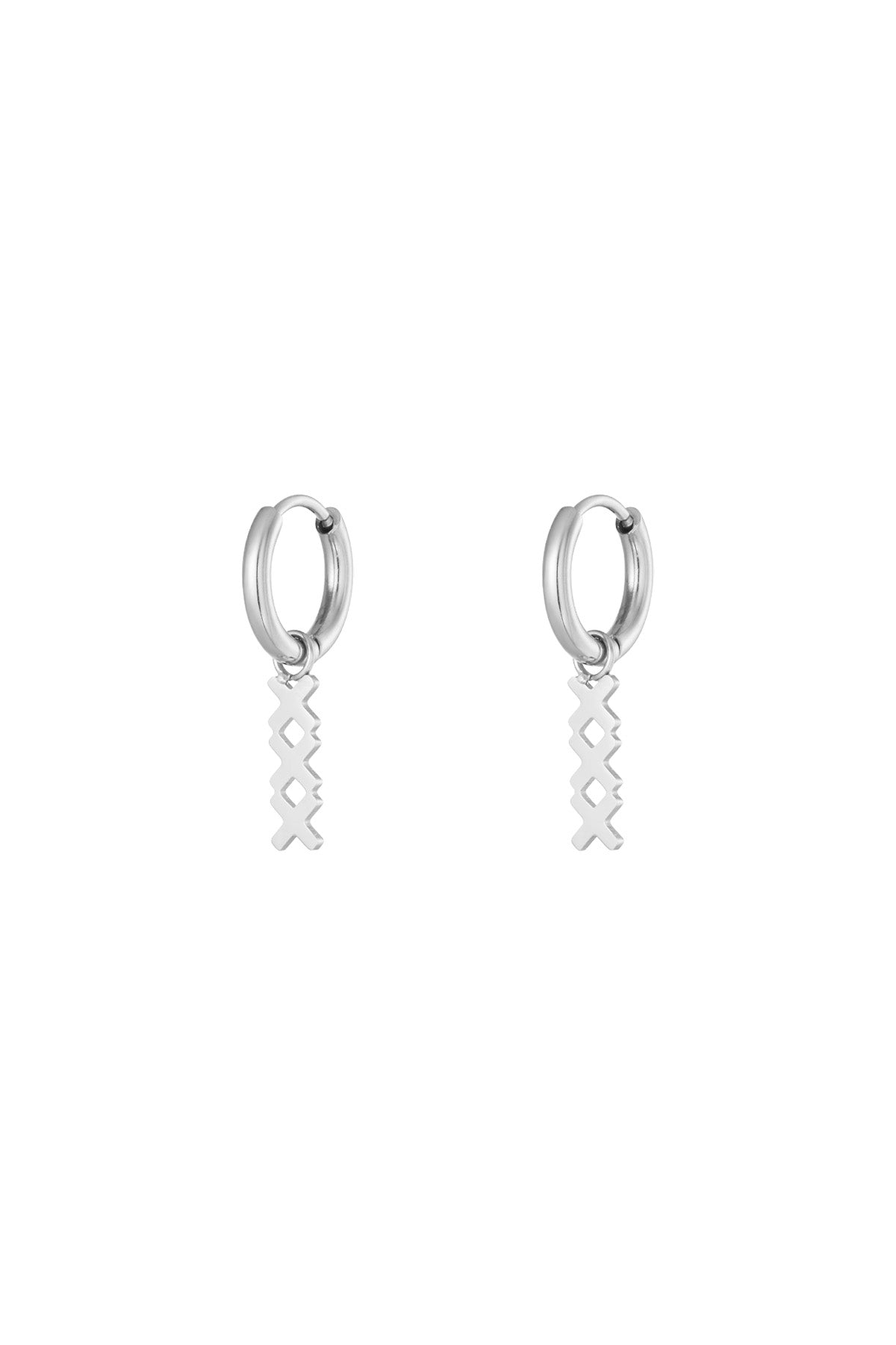 Pair of silver geometric hoop drop earrings with the same interlocking X pendant on a white background