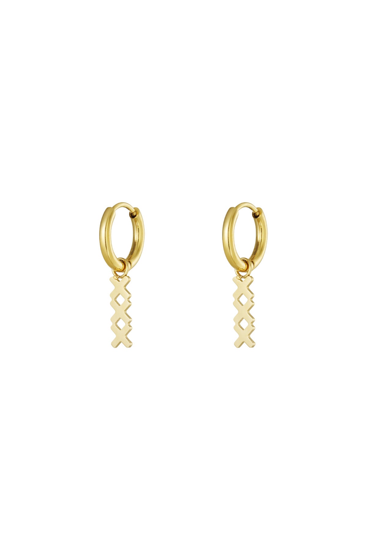 Pair of gold geometric hoop drop earrings with a dangling interlocking X pendant on a white background