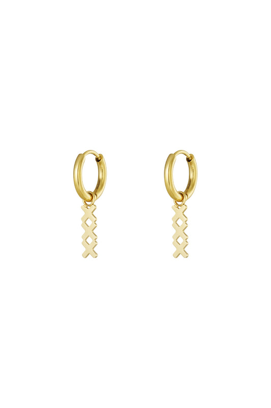 Pair of gold geometric hoop drop earrings with a dangling interlocking X pendant on a white background