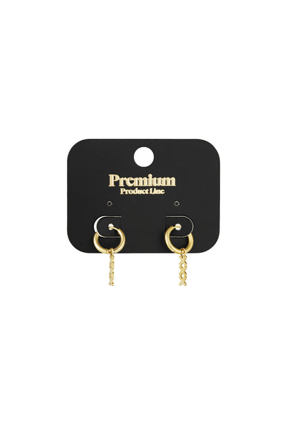 Gold geometric hoop drop earrings displayed on a black premium product card