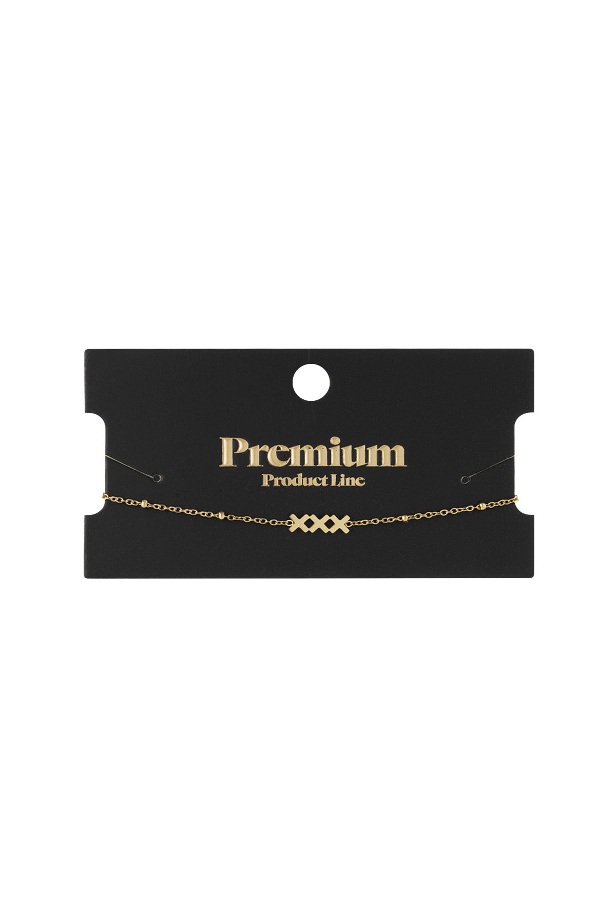Gold charm bracelet displayed on a black card labelled 'Premium Product Line'