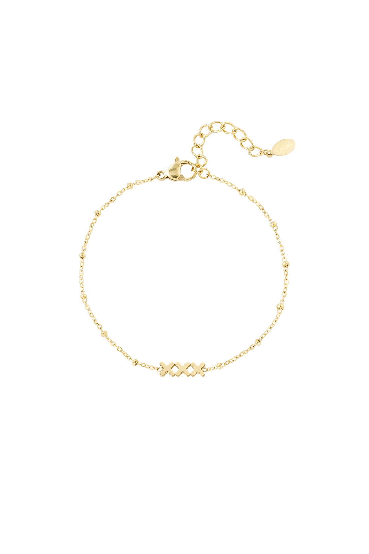Close-up of a delicate gold bracelet with 'XXX' charm and adjustable chain on a white background
