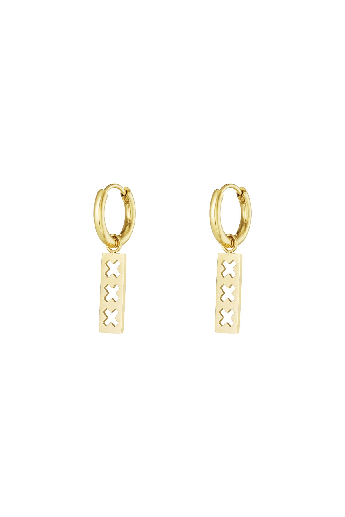 Pair of gold-toned triple cross bar drop earrings with small hoops on white background