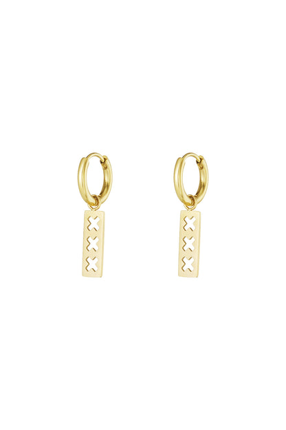 Pair of gold-toned triple cross bar drop earrings with small hoops on white background