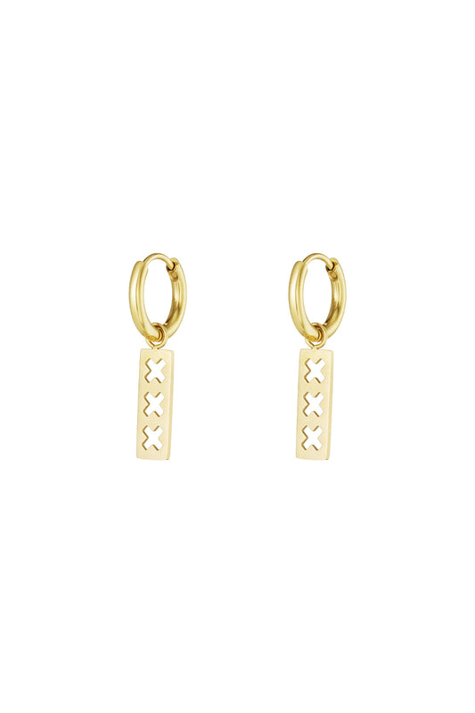 Pair of gold-toned triple cross bar drop earrings with small hoops on white background