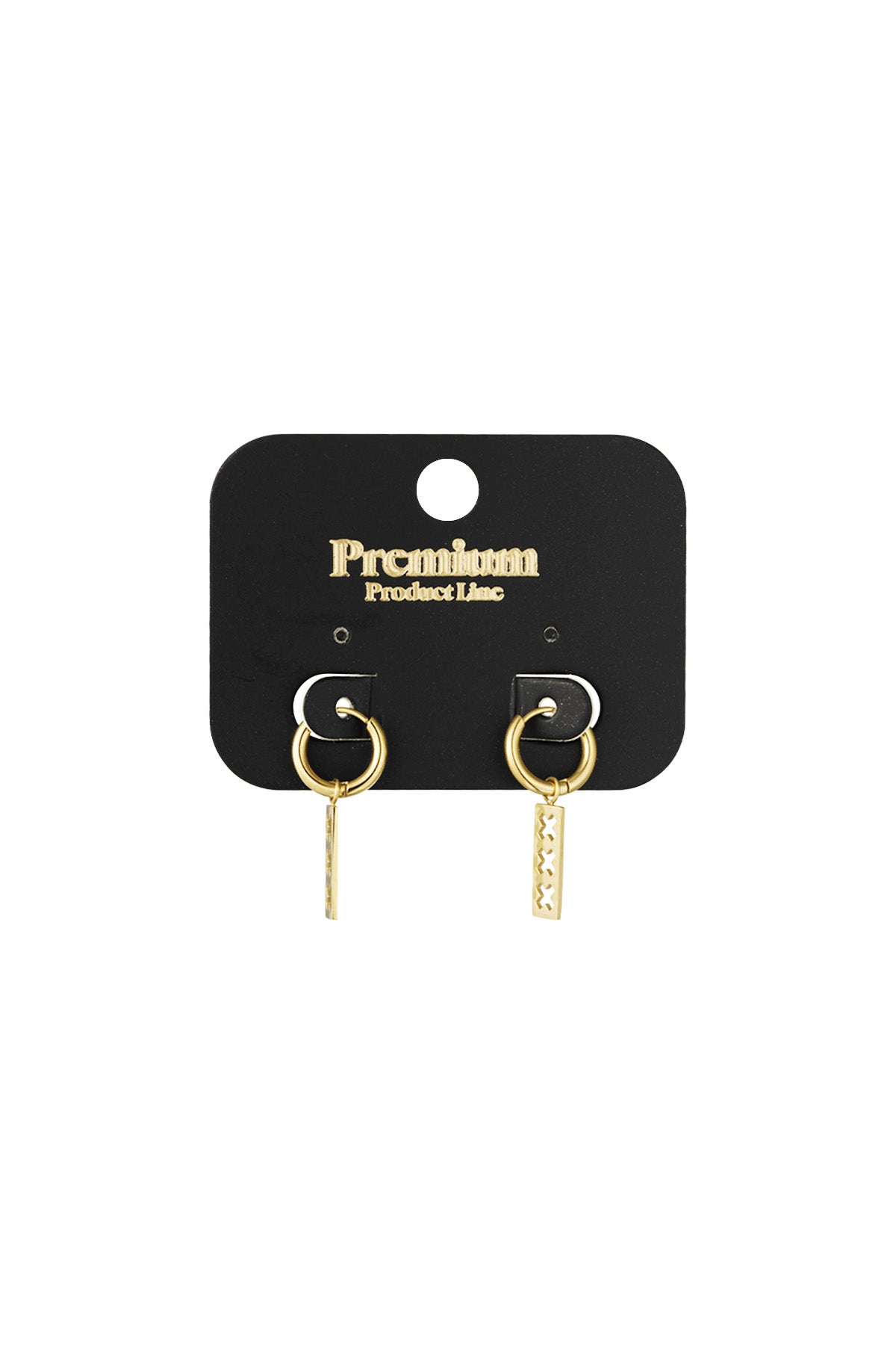 Gold-toned triple cross bar drop earrings displayed on black Premium Product Line card
