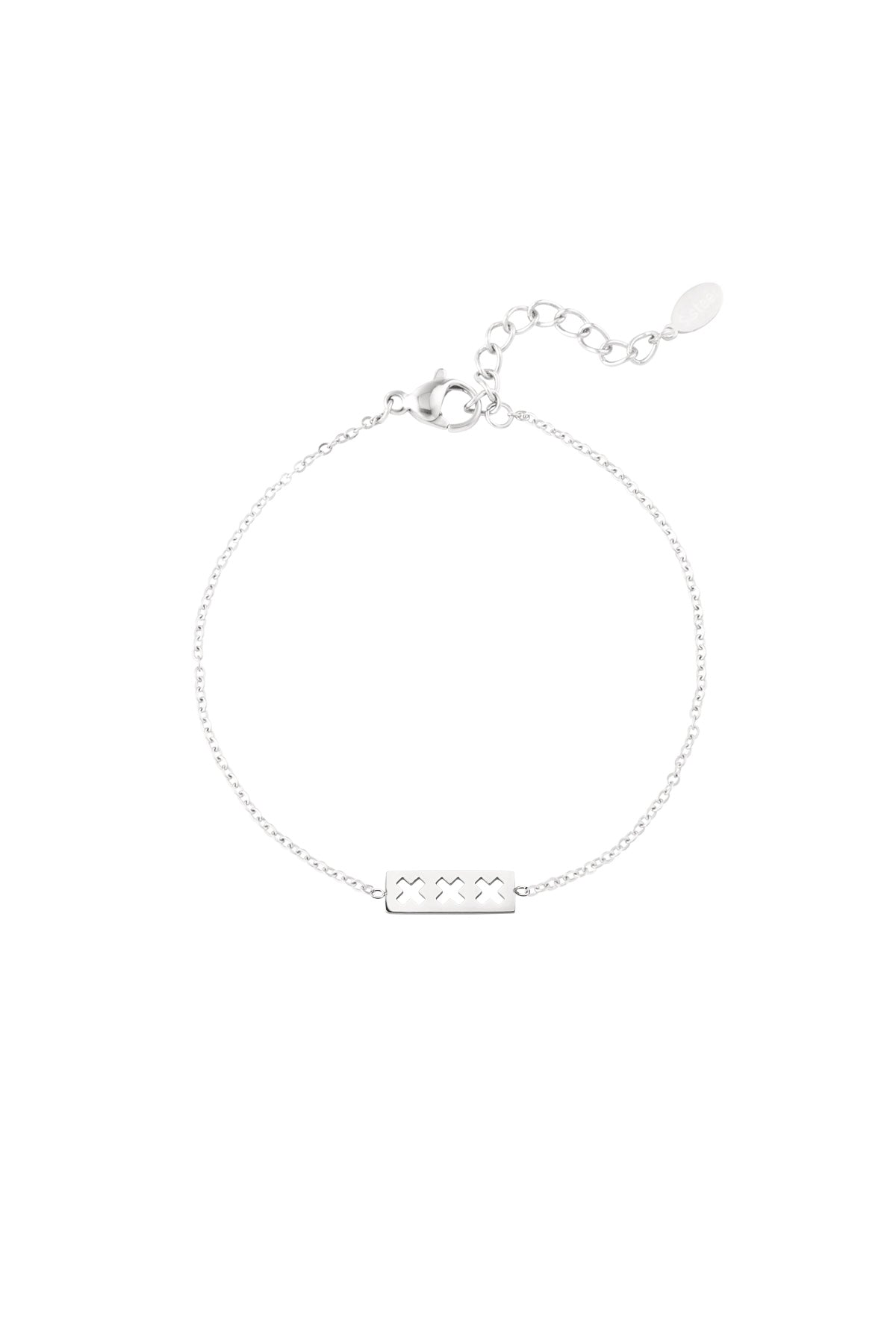 Silver triple X minimalist bracelet with adjustable chain and lobster clasp shown on white background