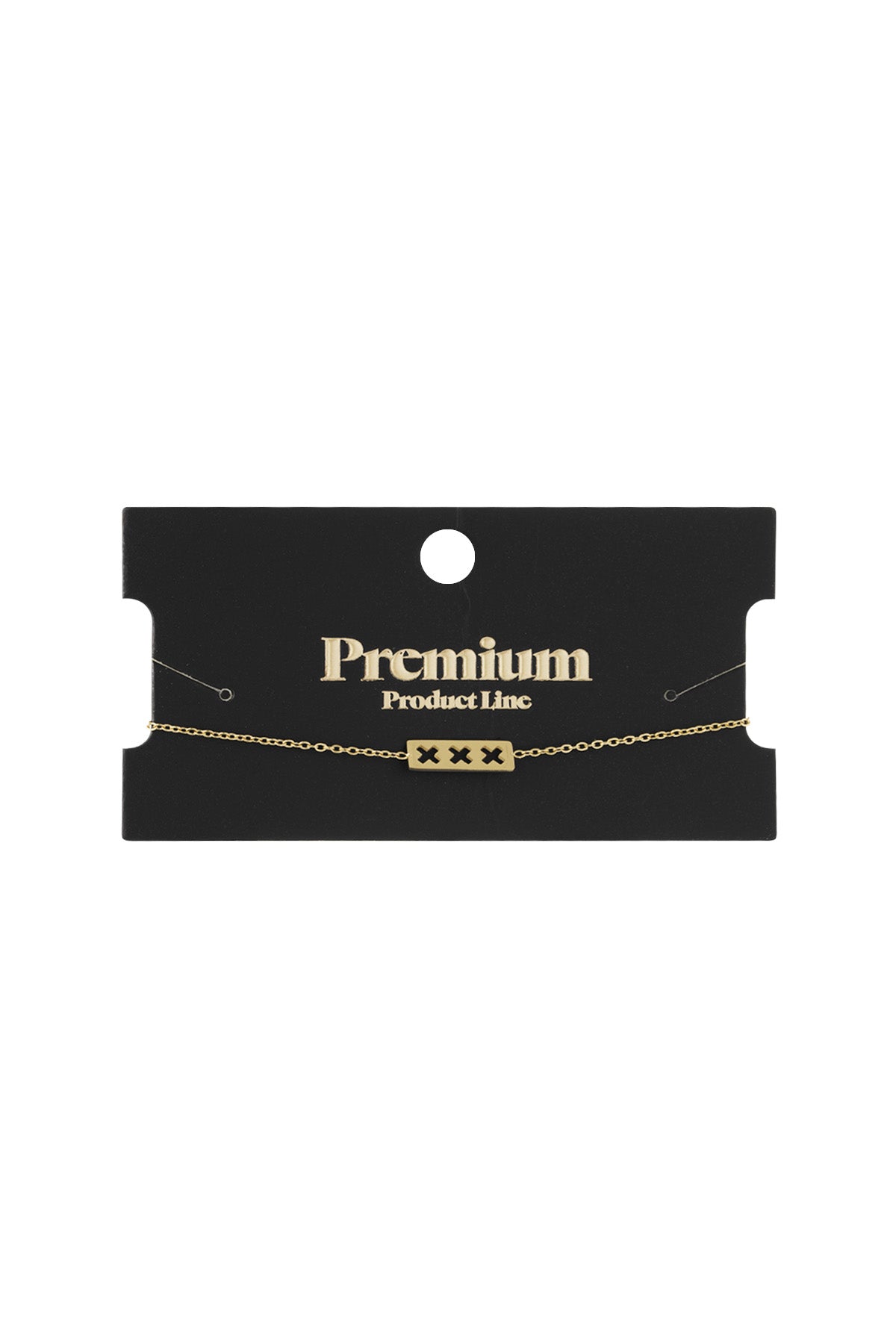 Triple X minimalist bracelet displayed on black Premium Product Line card, gold finish with chain held in place