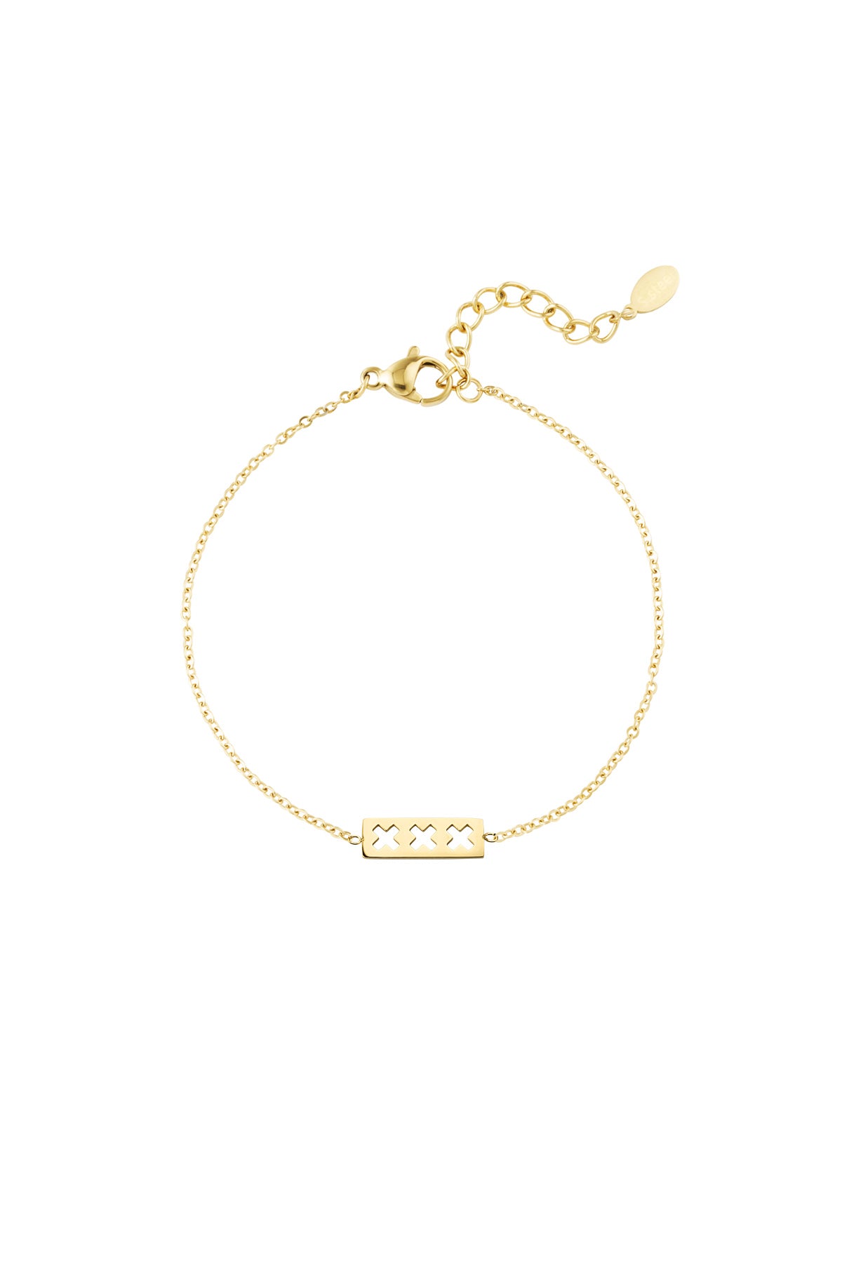 Close-up image of a gold triple X minimalist bracelet with adjustable chain and lobster clasp on white background